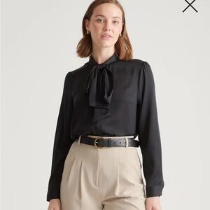 Quince Washable Stretch Silk Tie Neck Blouse